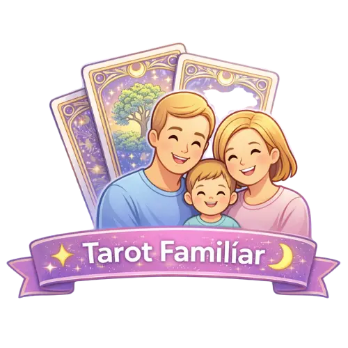 Ilustración de tarot familiar con cartas y personajes unidos