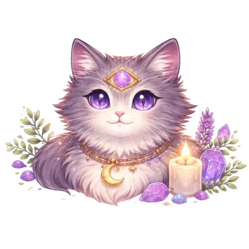 Gatito místico sobre cartas de tarot para consulta espiritual de 20 minutos