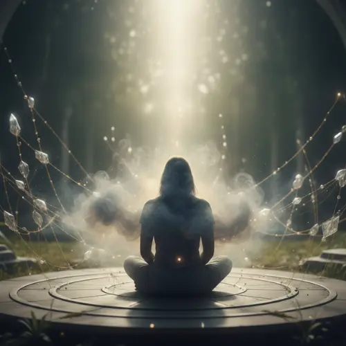 Mujer rodeada de energía sutil, simbolizando bloqueo energético emocional y espiritual