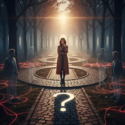 Pareja separada con líneas repetidas de fondo, simbolizando patrones en el amor