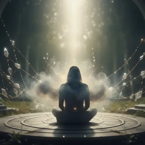 Mujer rodeada de energía sutil, simbolizando bloqueo energético emocional y espiritual