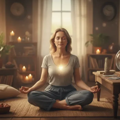 Mujer con expresión intuitiva rodeada de luz, simbolizando el presentimiento de que algo va a pasar